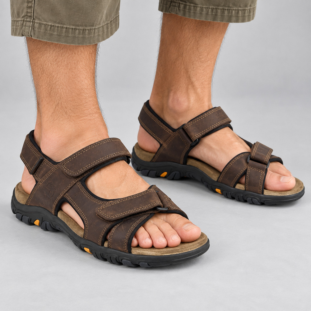 Timberland Breakwater Mens 11M Leather Sport Sandals Brown Hook & Loop 87029